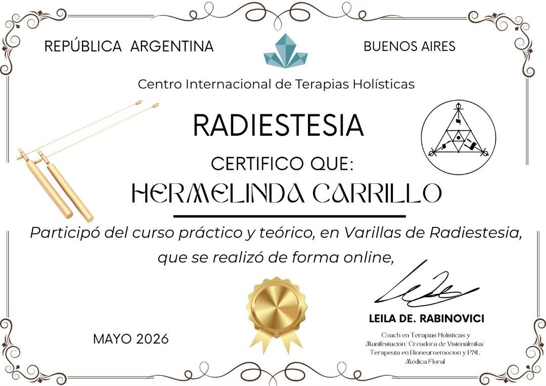 Certificado de Hermelinda Carrillo en Varillas de Radiestesia, Centro Internacional de Terapias Holísticas